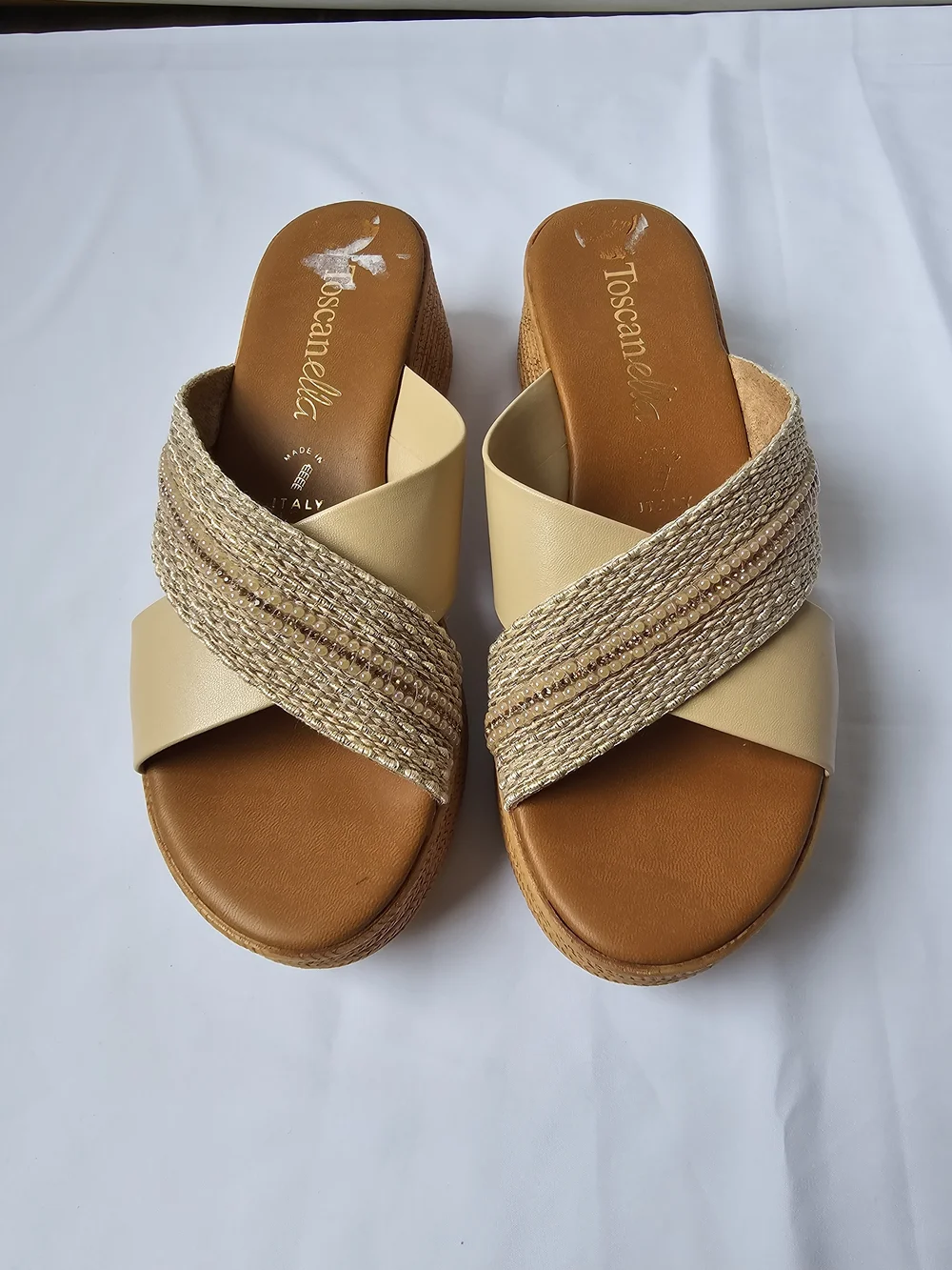 Toscanella Italy Neutral Metallic Wedge Platform Sandals - Size 7